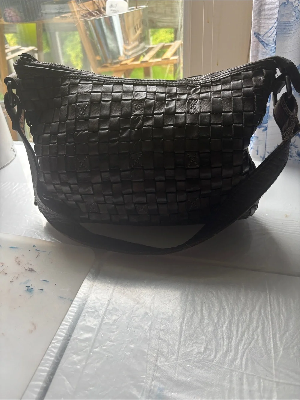 Woven Leather Messenger Bag - Black